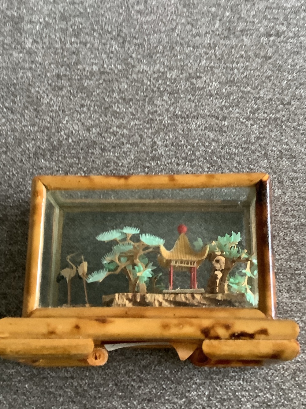 Vintage Style Amber Bamboo Shadow Box with Miniature Pagoda Scene - Picture 2 of 5